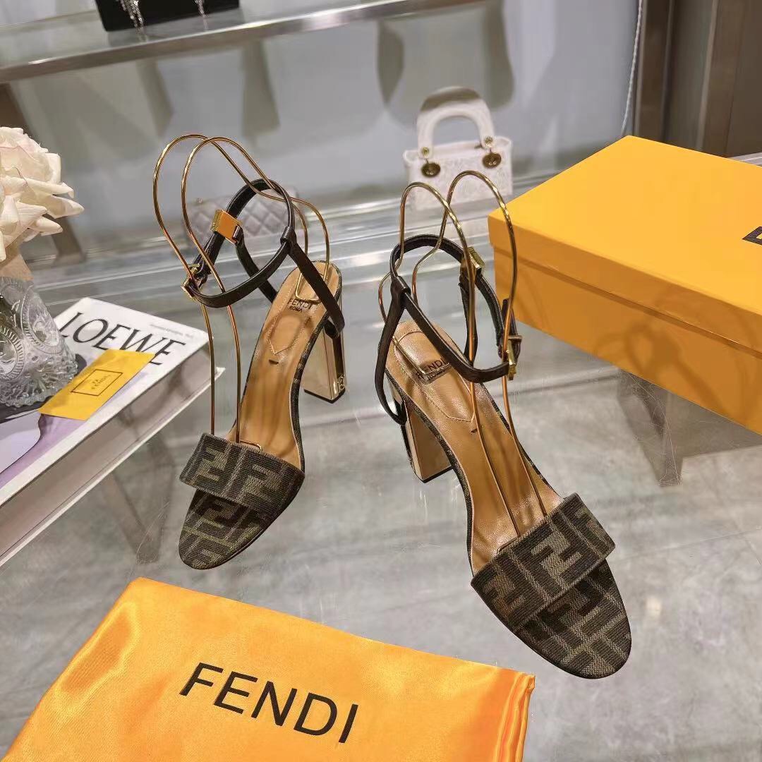 Fendi Delfina Brown Fabric High-heeled Sandals - DesignerGu