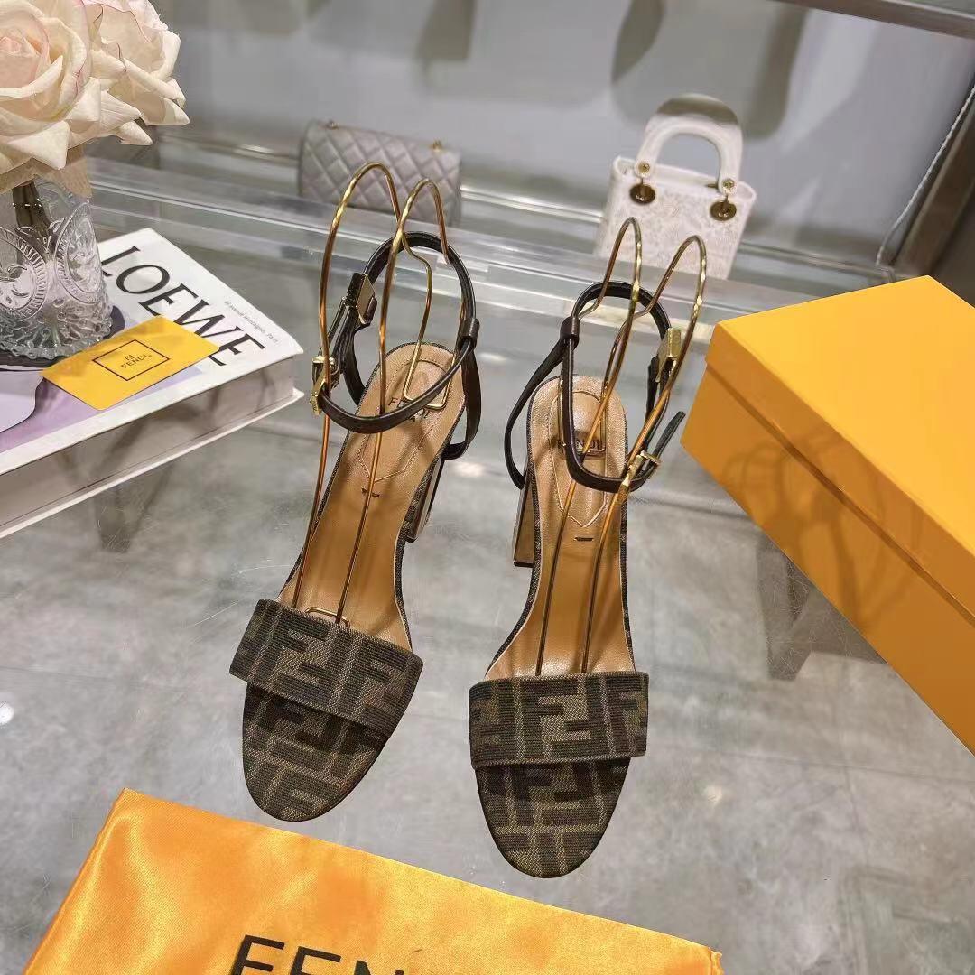 Fendi Delfina Brown Fabric High-heeled Sandals - DesignerGu