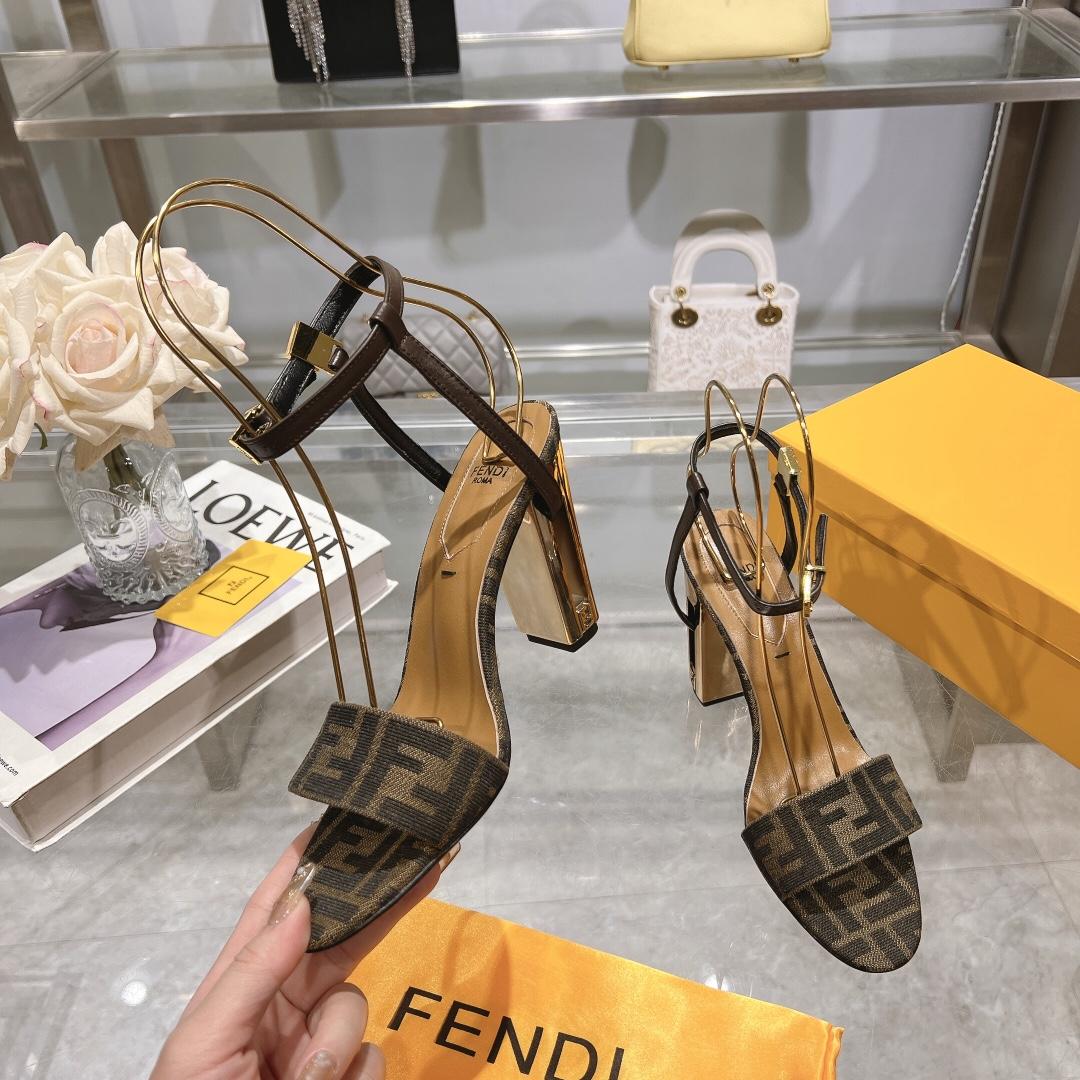 Fendi Delfina Brown Fabric High-heeled Sandals - DesignerGu