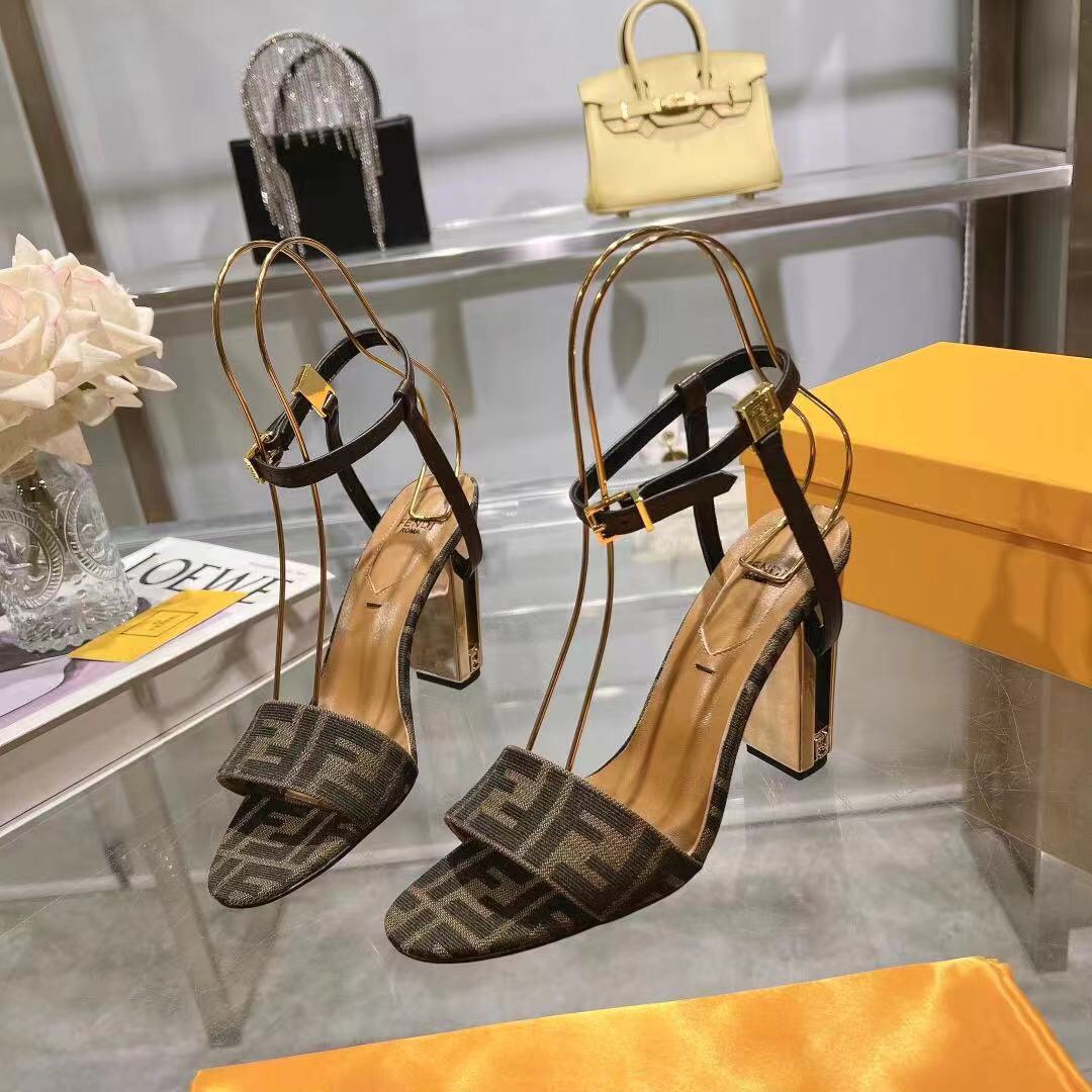 Fendi Delfina Brown Fabric High-heeled Sandals - DesignerGu