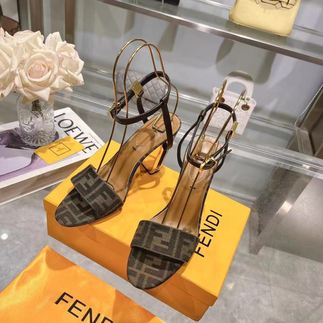 Fendi Delfina Brown Fabric High-heeled Sandals - DesignerGu