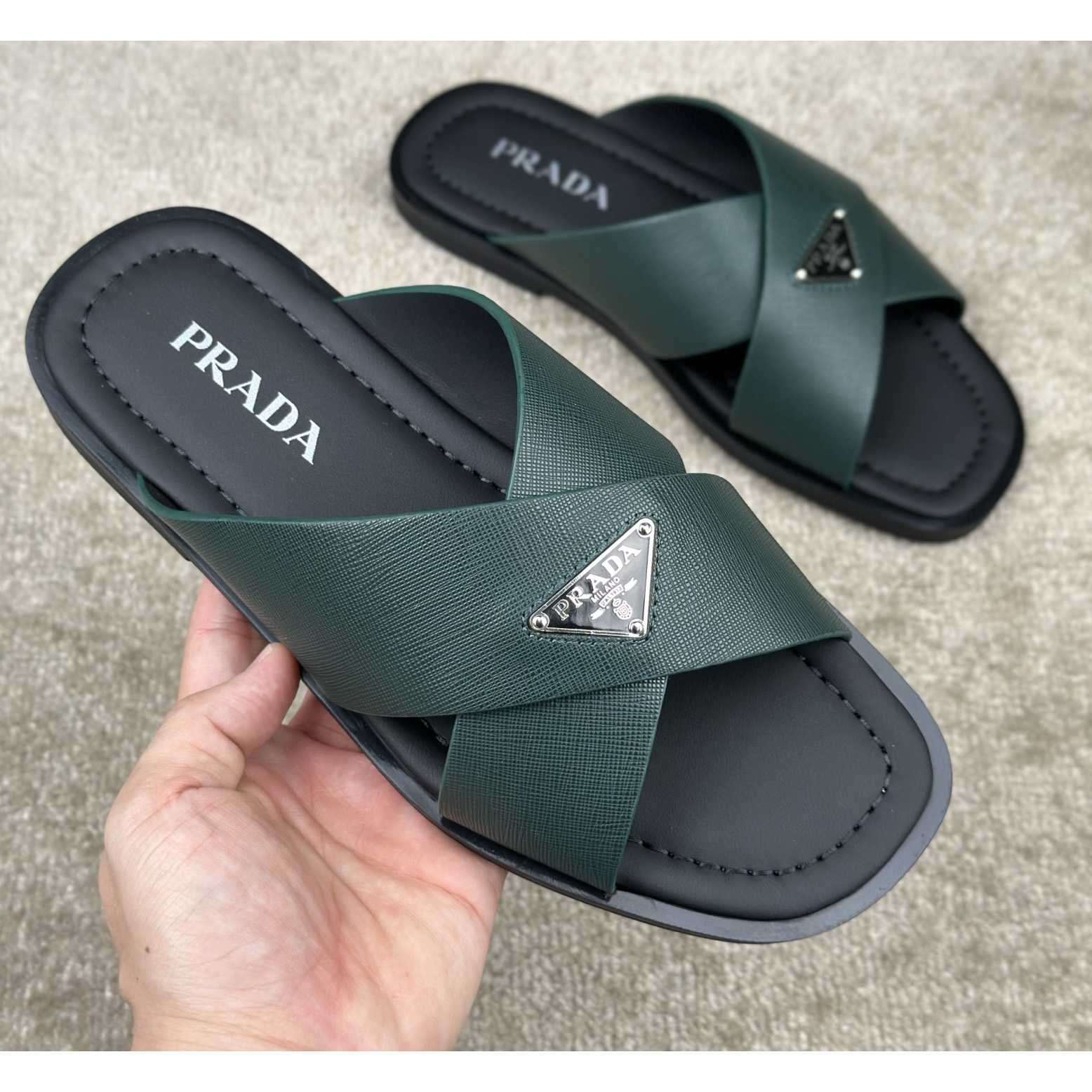 Prada Crisscross Leather Slides - DesignerGu