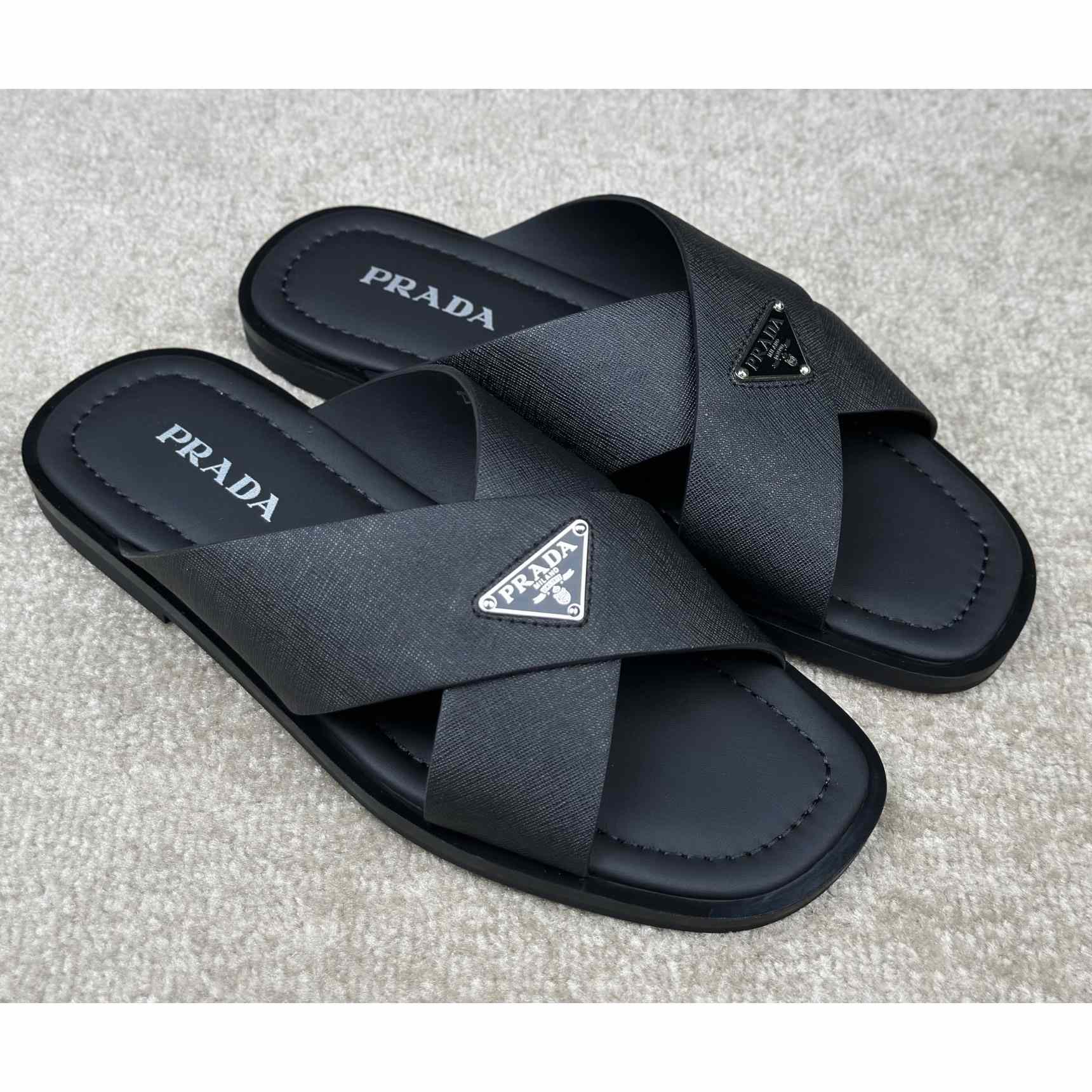 Prada Crisscross Leather Slides - DesignerGu