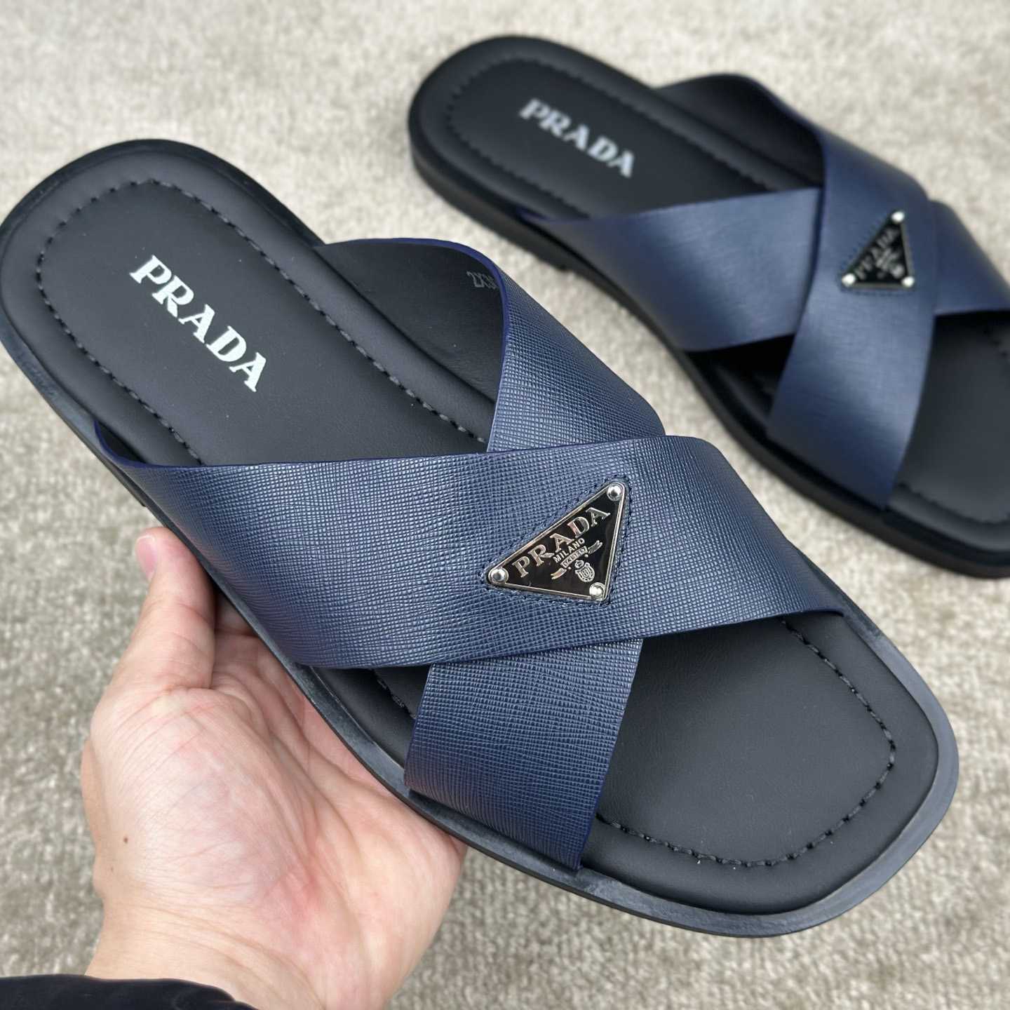 Prada Crisscross Leather Slides - DesignerGu