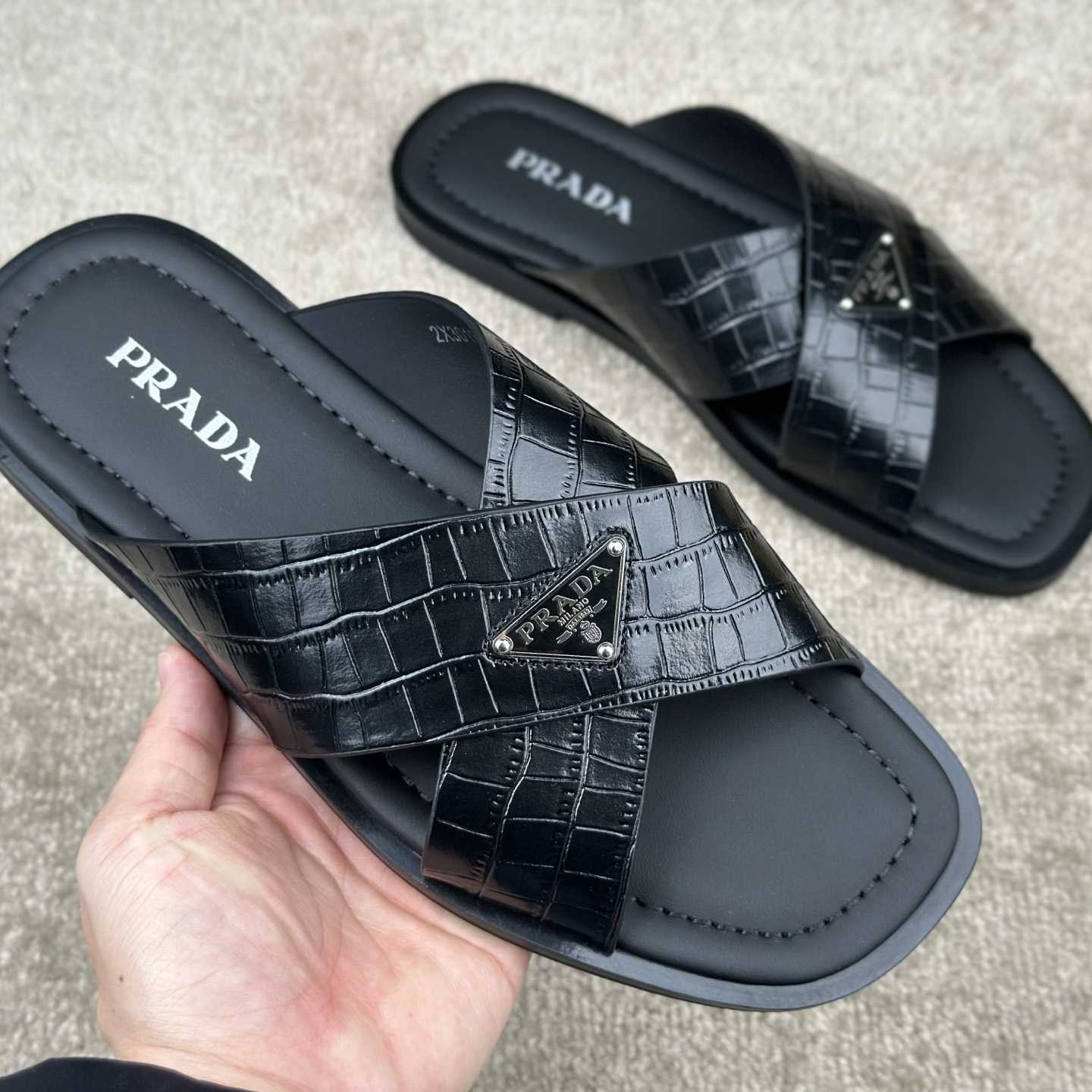 Prada Crisscross Leather Slides - DesignerGu